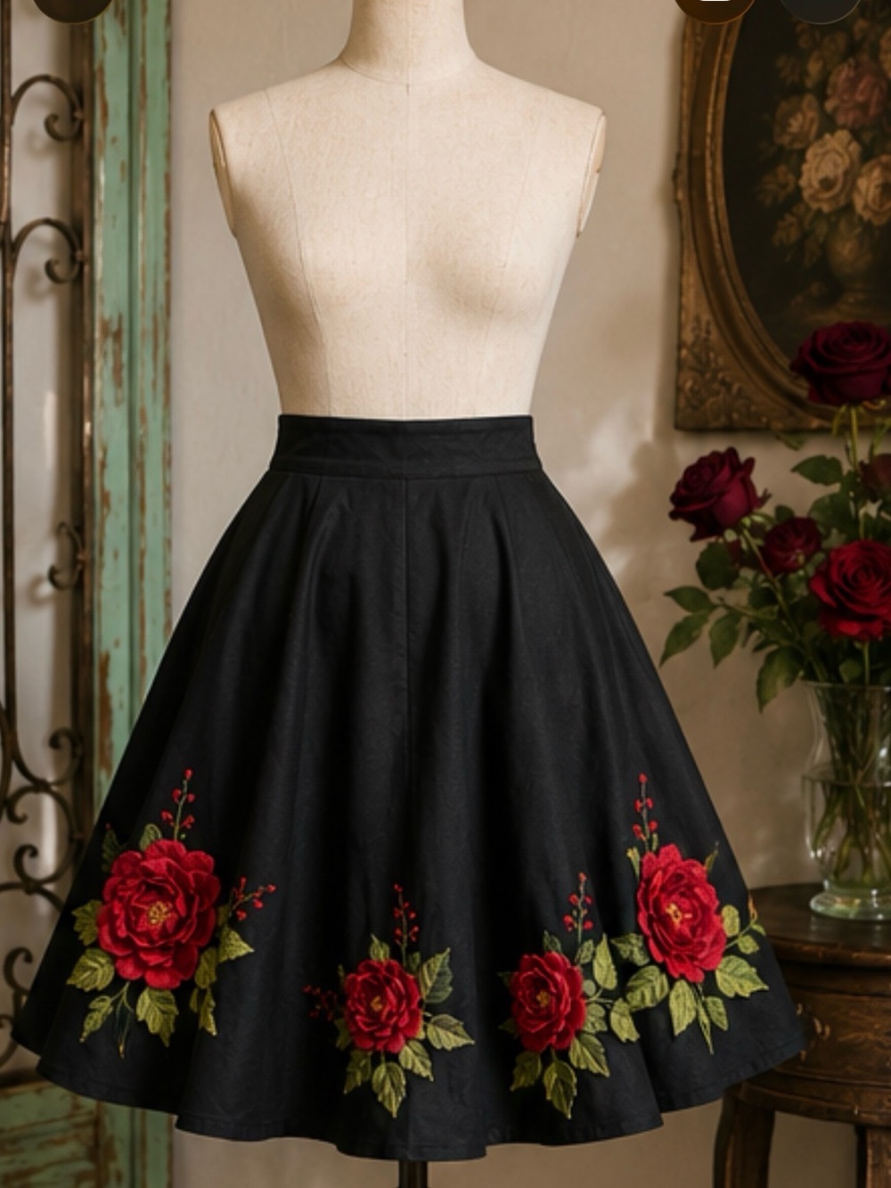 Persaman NY Black Rose Appliqué A-Line Skirt Red Lining Romantic Statement Sz 8 - Picture 4 of 10